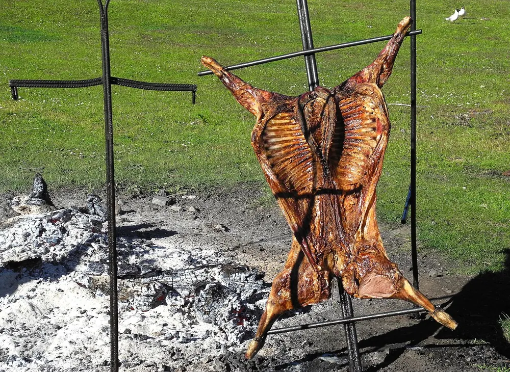 Patagonian lamb roasting over a fire
